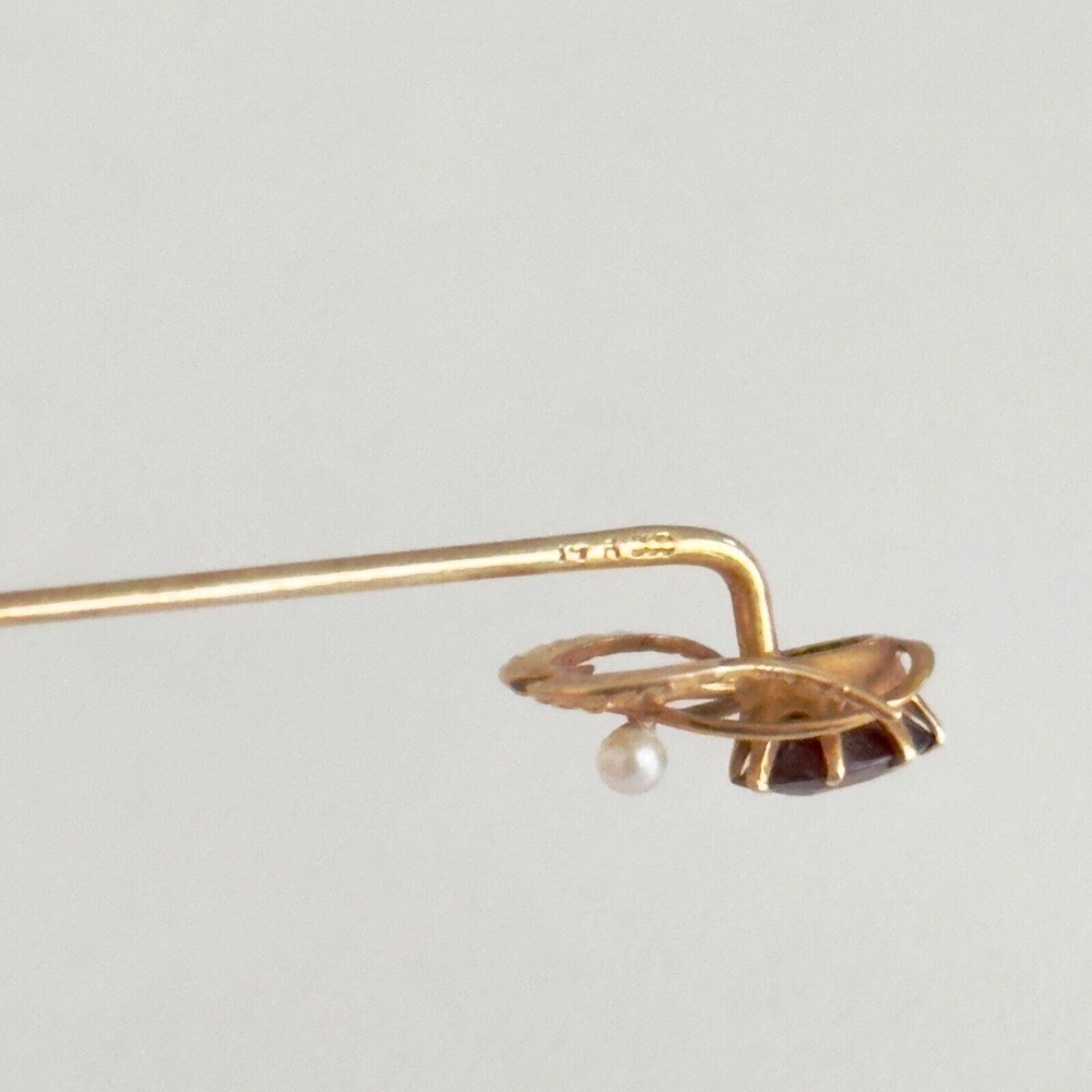 Antique 14k Yellow Gold Garnet Seed Pearl Stick Pin - Picture 6 of 13